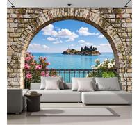 DACRWEKZ 3D Papier Peint Panoramique, 250x175cm Soie Papier Peint Paysage côtier Îles Arches Océan Décorations Murales pour Enfant Chambre, Salon, Poster Mural XXL Grande Affiche Bleu