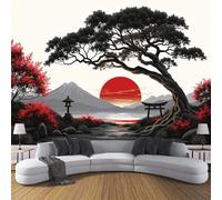 DACRWEKZ 3D Papier Peint Panoramique Soie,400x280cm Zen japonais Montagnes du coucher du soleil Grandes Murales Poster pour Salon, Adulte Chambre d'enfants, Étude Décoration, Noir et rouge