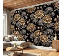 DACRWEKZ Chambre Papier Peint 3D Panoramique Fleurs métalliques de luxe 350x256cm | Papier Peint Soie Mural Feuilles de pivoine et de chrysanthème pour Salon Canapé TV Fond Décoration