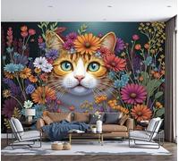 DACRWEKZ Chat Fleur Papier Peint Panoramique Animaux Mignons Papier Peint Soie Raccord Poster Geant Mural 250x175cm pour Salon Chambre d'enfants restaurant Décoration Murale