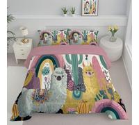 DACRWEKZ Couette 240 x 220 cm Animaux de Dessin animé Imprimée alpaga Cactus 4 Saisons pour Lit, Edredon Réversible Légère, sans Housse, avec Taies d'oreiller 65x65 cm