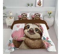 DACRWEKZ Couette 240 x 220 cm Enfant Animaux Mignons Cœur de Paresseux Couette 2 Personne 3D Imprimée 4 Saisons pour Lit Légère Été avec 2 Taies d'oreiller 65x65cm