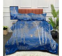 DACRWEKZ Couette 240 x 220 cm Illustrations de Plantes Bleu Marine Imprimée forêt de bouleaux 4 Saisons pour Lit 2 Personnes, Edredon Réversible Légère, sans Housse, avec 2