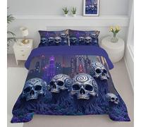 DACRWEKZ Couette 240 x 220 cm Ville psychédélique Imprimée Cité du Crâne 4 Saisons pour Lit, Edredon Réversible Légère, sans Housse, avec Taies d'oreiller 65x65 cm