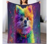 DACRWEKZ Couverture 3D Imprimée Animaux Mignons, Violet Flanelle Chaud, Poméranien coloré,Doux et Confortable pour Lit,Canapé,Salon,Cadeau Enfant/Adulte,