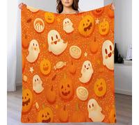 DACRWEKZ Couverture Flanelle200 x 200cm,avec Motif Citrouilles et fantômes Mignons thème d'halloween,Couverture Douillette,en Flanelle Moelleuse, Couleur Orange