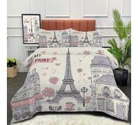 DACRWEKZ Ensemble de Couette sans Housse avec taies d'oreiller, 240 x 220 cm Housse de Couette réversible Toutes Saisons avec Thème Romantique Paris dessiné à la Main, légère et Chaude, Rose de Riz