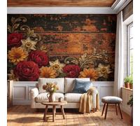 DACRWEKZ Fleurs rétro Tiges de roses Vieux bois Papier Peint Panoramique Pour Garçons filles, 250x175cm | Couleur orange Poster Géant Mural 3D, Décoration Murale Premium Pour Salon, Chambre Adulte