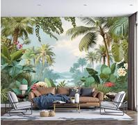 DACRWEKZ Palmiers, Fleurs Et Oiseaux Papier Peint Panoramique Forêt Tropicale Humide Papier Peint Soie Raccord Poster Geant Mural 450x356cm pour Salon Chambre d'enfants restaurant Décoration Murale