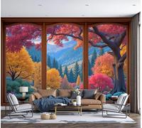 DACRWEKZ Papier Peint 3D Panoramique Feuille Fenêtres En Bois, Forêt Colorée 400x280cm,Scènes D'Automne Papier Peint Tissu de soie pour Chambre Salon Personnalisé Décoration Murale