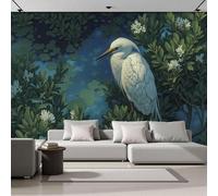 DACRWEKZ Papier Peint Aigrettes Perchées Sur Des Branches Style Naturel Réaliste Panoramique 3D Papier Peint Bleu Foncé Murale Salon Chambre à Coucher Maison Décoration Intérieure (350x256cm)