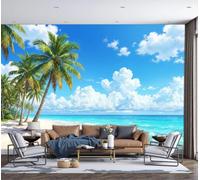 DACRWEKZ Papier Peint Brise côtière tropicale et fraîche Panoramique 3D Cocotiers et plage de sable blanc Papier Peint Bleu clair Murale Salon Chambre à Coucher Maison Décoration Intérieure 450x315cm