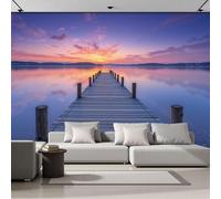 DACRWEKZ Papier Peint Coucher De Soleil Sur Le Lac Près Du Pont En Bois Paysages Naturels Panoramique 3D Papier Peint Violet Murale Salon Chambre à Coucher Maison Décoration Intérieure (200x140cm)