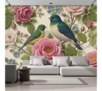 DACRWEKZ Papier Peint Le Petit Oiseau Se Tenait Sur La Rose. Fleurs Rétro Panoramique 3D Papier Peint Rose Vert Murale Salon Chambre à Coucher Maison Décoration Intérieure (400x280cm)