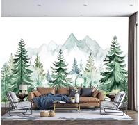 DACRWEKZ Papier Peint Montagnes de la forêt de pins, Papier Peint Panoramique Peinture à l'aquarelle naturelle Vert Pour Salon Chambre Bureau Couloir, Décoration Murale Poster Intérieure, 350x256cm