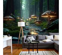 DACRWEKZ Papier Peint Panoramique 350x256cm, Forêt de champignons lumineux Mur Papier Peint,Style fantastique Décoration Revêtement Mural,Pour Cuisine, Salon, Fond TV Décoration Murale Jaune