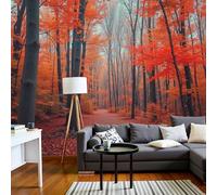 DACRWEKZ Papier Peint Panoramique 3D Soie,200x140cm Murales Panoramique Sentier De La Forêt De Feuilles Rouges Automne Romantique Pour Salon, Adulte Chambre D'Enfants, Restaurant Décoration,Rouge