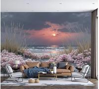 DACRWEKZ Papier Peint Panoramique 3D Soie,350x256cm Murales Panoramique Plage, Coucher De Soleil, Herbe Côte Romantique Pour Salon, Adulte Chambre D'Enfants, Restaurant Décoration,Rose