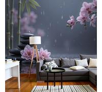 DACRWEKZ Papier Peint Panoramique 400x280cm, Charme zen Forêt de bambous, eau vive, fleurs de lotus Personnalisé Poster Photo Mural, Papier Peint Décoration Murale Salon Chambre, Rose grisâtre