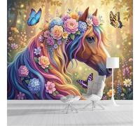 DACRWEKZ Papier Peint Panoramique 400x280cm, Illustrations d'animaux Mur Papier Peint,Fleurs, papillons et chevaux Décoration Revêtement Mural,Pour Salon,Chambre Adulte,Chambre D'Enfants