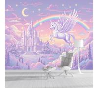 DACRWEKZ Papier Peint Panoramique 450x315cm, Style conte de fées onirique Mur Papier Peint,Château Licorne Arc-en-ciel Décoration Revêtement Mural,Pour Salon,Chambre Adulte,Chambre D'Enfants