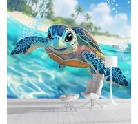 DACRWEKZ Papier Peint Panoramique Animaux marins Soie, 200x140cm Papier Peint 3D Des tortues marines nagent, Décoration Parfaite pour Chambre, Salon, Enfant Grande Poster Mural Bleu ciel