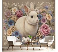 DACRWEKZ Papier Peint Panoramique Animaux Mignons Soie, 400x280cm - Papier Peint Lapin Des Fleurs Grandes Murales Poster pour Salon, Adulte Chambre d'enfants, Étude Décoration