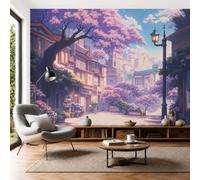 DACRWEKZ Papier Peint Panoramique Anime japonais de guérison 350x256cm Décoration murale | Tapisserie décorative pour chambre salon, Rose Ville des cerisiers en fleurs, moderne