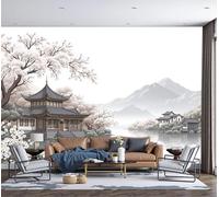 DACRWEKZ Papier Peint Panoramique Architecture chinoise, Papier Peint Pavillon des bateaux sous le cerisier en fleurs Rose grisâtre Fond pour Salon Salle Deco Murale, 250x175cm