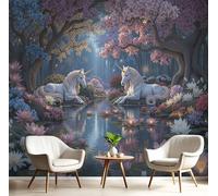 DACRWEKZ Papier Peint Panoramique bleu et rose 250x175cm - Revêtement Mural Pour Chambre Salon - Style féerique et fantastique - Licorne de jardin - Paysage Végétal Simple - Motif Personnalisé Murale
