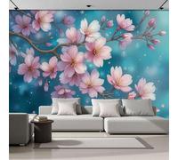 DACRWEKZ Papier Peint Panoramique Branches de cerisier en fleurs roses 350x256cm Poster Geant Mural 3D, Tapisserie Photo Peinture Murale, Papier Peint Style aquarelle onirique Fresque Bleu et rose