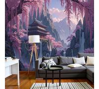DACRWEKZ Papier Peint Panoramique Cascade de la pagode en fleurs de cerisier Rose, Papier Peint Paysage oriental Fond pour Chambre Wallpaper, Fresque Murale pour Salon Salle Deco Murale, 300x210cm