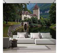 DACRWEKZ Papier Peint Panoramique décors rétro Château, Pont de pierre, Rivière - 200x140cm Poster Papier Peint Soie Décoration pour Salon Chambre Tv Fond D'Écran - vert foncé