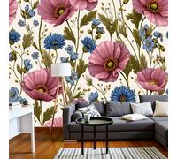 DACRWEKZ Papier Peint Panoramique Fleurs aquarelles, Papier Peint Mural Photo Motif Paysage Coquelicot et campanule rose, Tapisserie Panoramique Salon, Décoration Murale Chambre, 200x140cm
