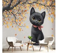 DACRWEKZ Papier Peint Panoramique Illustrations D'Animaux 450x356cm - Décoration murale moderne - fond Chambre des Enfants Bureau Décoration de Maison - Feuille D'Automne Chat Noir - Jaune