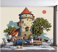 DACRWEKZ Papier Peint Panoramique Illustrations de contes de fées, Papier Peint Arbres du château de pierre Vert Fond pour Chambre Wallpaper, Fresque Murale pour Salon Salle Deco Murale, 400x280cm