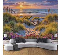 DACRWEKZ Papier Peint Panoramique jaune-vert 400 x 280 cm - Revêtement Mural Pour Chambre Salon - littoral naturel - Clôture du coucher de soleil sur la plage - Paysage Végétal Simple