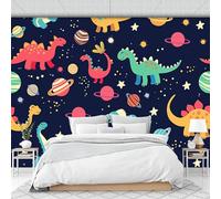 DACRWEKZ Papier Peint Panoramique La planète des dinosaures, Papier Peint Dessin animé fantastique, Bleu marine, Autocollant Meuble Pour Salon Chambre Cuisine Bureau 350x256cm