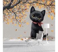 DACRWEKZ Papier Peint Panoramique Le chat était assis sous l'arbre d'automne, Papier Peint Dessins animés pour enfants, jaune, Autocollant Meuble Pour Salon Chambre Cuisine Bureau 200x140cm