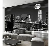DACRWEKZ Papier Peint Panoramique Lune du pont de Brooklyn Gris-noir, Papier Peint Vue nocturne de la ville Fond pour Chambre Wallpaper, Fresque Murale pour Salon Salle Deco Murale, 350x256cm