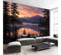 DACRWEKZ Papier Peint Panoramique Pins sur le lac au coucher du soleil Orange-violet, Papier Peint Peinture de paysage naturel Fond pour Chambre Wallpaper Salon Salle Deco Murale, 400x280cm