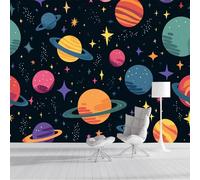 DACRWEKZ Papier Peint Panoramique Planète spatiale, Papier Peint Planète minimaliste, jaune, Autocollant Meuble Pour Salon Chambre Cuisine Bureau 350x256cm