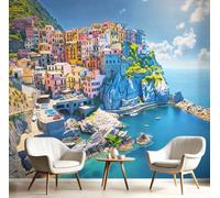 DACRWEKZ Papier Peint Panoramique Soie Style méditerranéen, Décoration Murale | Papier Peint Cliff Town Ocean pour Salon Chambre Bureau, Déco Murale Maison, Décoration Photo Murales 450x315cm