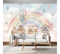 DACRWEKZ Papier Peint Panoramique style conte de fées de dessin animé 450x315cm Décoration murale | Tapisserie décorative pour chambre salon, Bleu et rose Train, montgolfière, arc-en-ciel, moderne