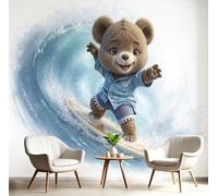 DACRWEKZ Papier Peint Panoramique Style D'Animation 3D Soie, 400x280cm - Papier Peint Petit Ours Surfant Grandes Murales Poster pour Salon, Adulte Chambre d'enfants, Étude Décoration