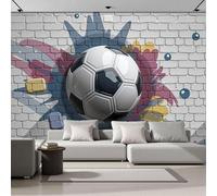 DACRWEKZ Papier Peint Panoramique Style d'art graffiti Le ballon de football s'est coincé dans le mur de briques. blanc grisâtre 200x140cm Mural 3D,Décoration Murale Premium