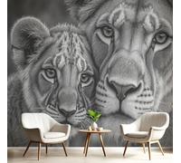 DACRWEKZ Papier Peint Panoramique Style De Croquis En Noir Et Blanc 350x256cm - Décoration murale moderne - fond Chambre des Enfants Bureau Décoration de Maison - Lionne Et Ses Petits - Gris