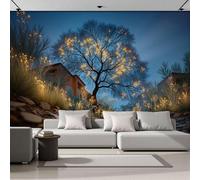 DACRWEKZ Papier Peint Panoramique Style De Photographie De Scène Nocturne 250x175cm - fond Chambre des Enfants Bureau Décoration de Maison - Arbres Et Flaques D'Eau Lumineux - Bleu Foncé