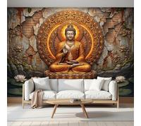 DACRWEKZ Papier Peint Panoramique Style mandala rétro 250x175cm | Décoration Murale XXL Écritures, images de Bouddha, lotus Poster Tableaux Muraux Tapisserie Panoramique -Couleur orange