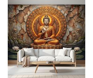 DACRWEKZ Papier Peint Panoramique Style mandala rétro 250x175cm | Décoration Murale XXL Écritures, images de Bouddha, lotus Poster Tableaux Muraux Tapisserie Panoramique -Couleur orange